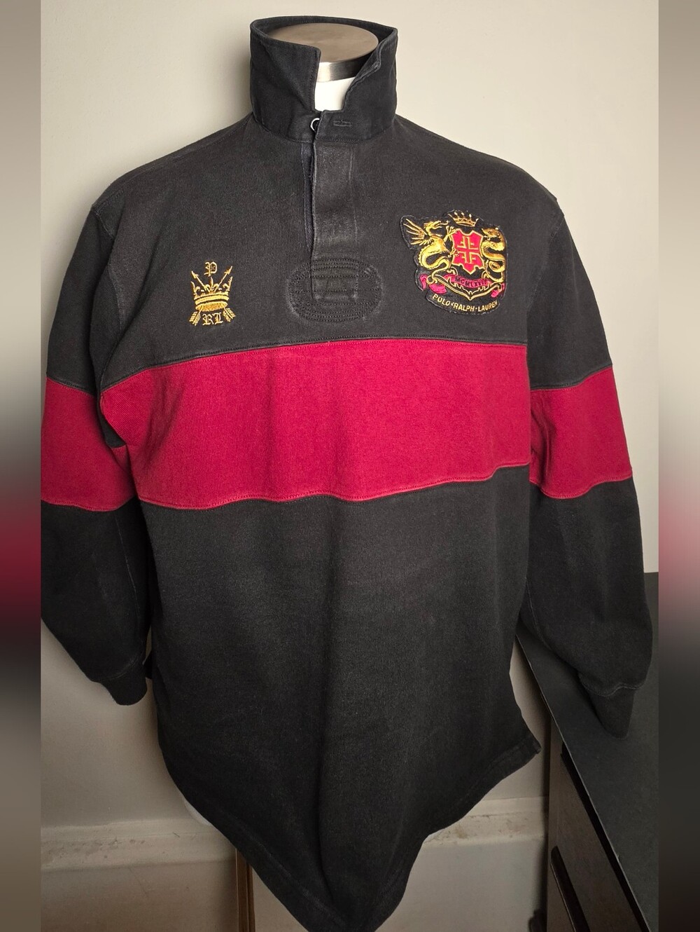 Polo by Ralph Lauren Black & Burgundy Crest Quarter-button Rugby